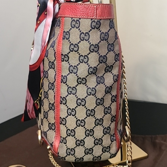 GUCCI VINTAGE 90'S ABBEY TAN CANVAS W NAVY GG DIAMANTE, RED LEATHER/GOLD HRDWR - Picture 9 of 14